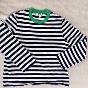 COS Long Sleeve Striped Top – Navy/White with Green Collar – Size s